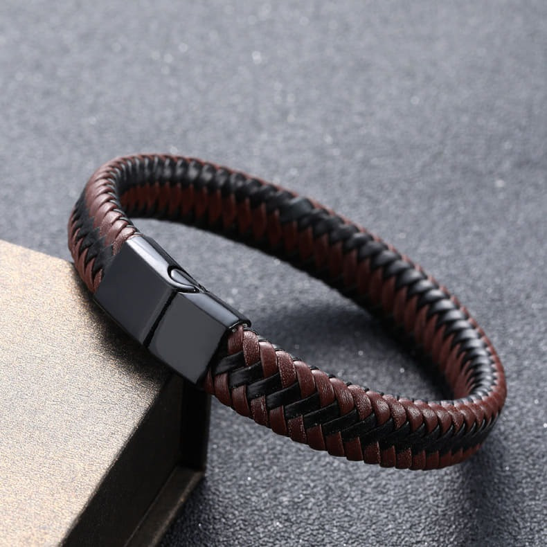 Produk Gelang Pria Kulit Anyam Coklat Combi Premium Magnetic Buckle Stylish Minimalis