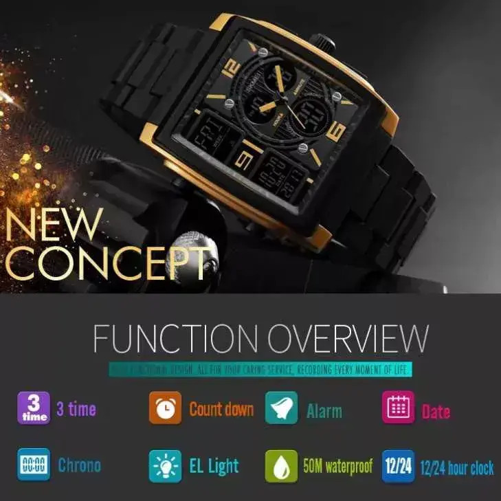 Produk Jam Tangan Square Persegi Digital Dual Time Original Gold Version
