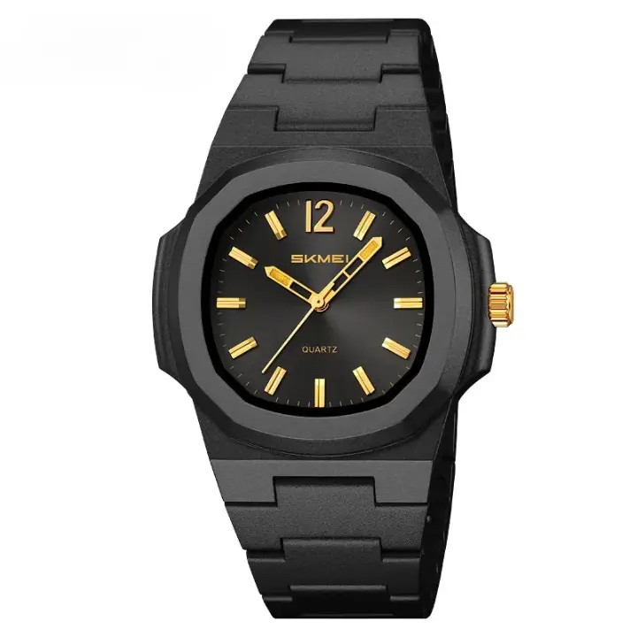 Produk Jam Tangan Analog Pria Gaya Mewah Sporty - Dial Hitam Emas Strap Hitam Kasual Original