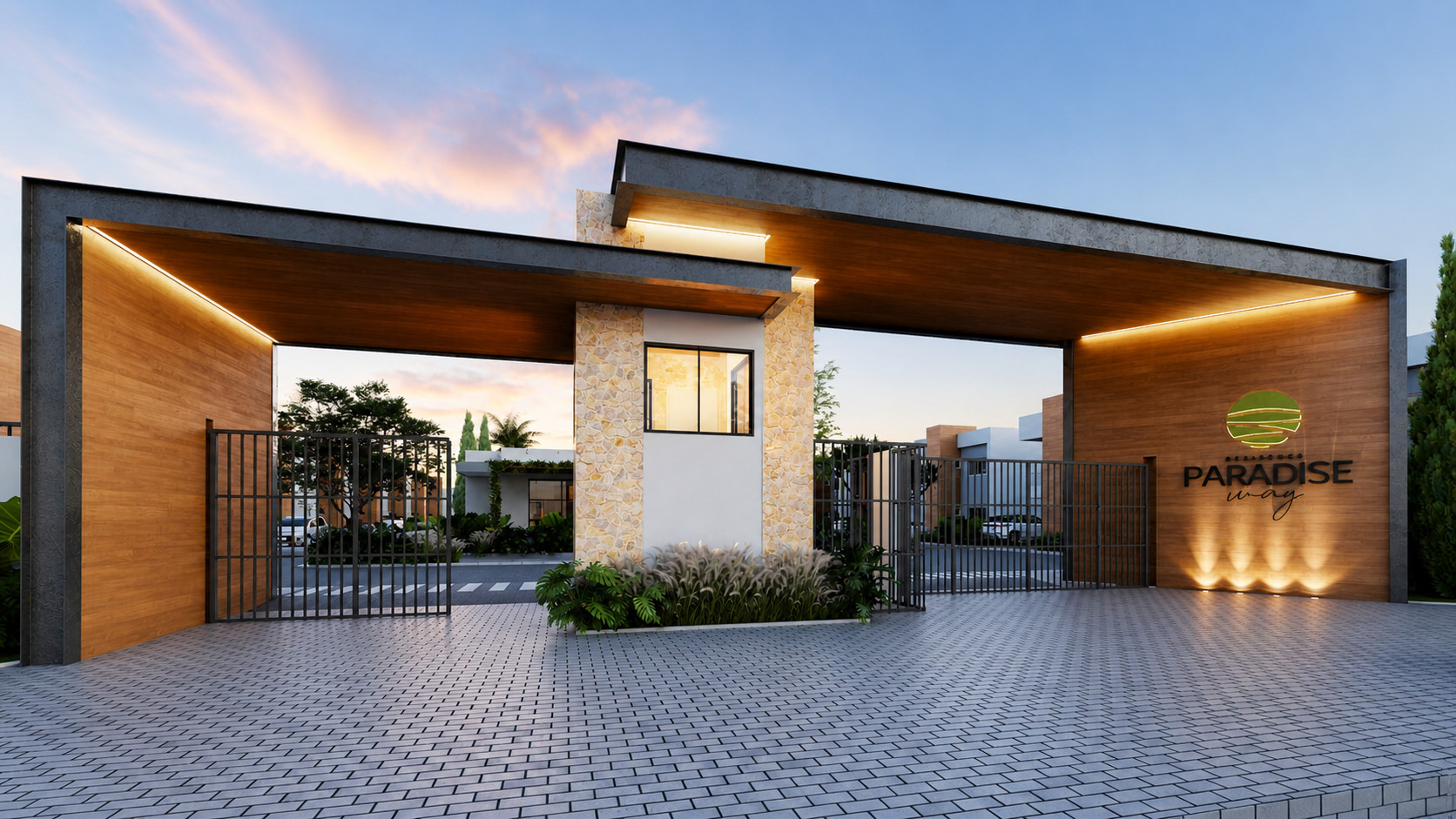 Fachada das casas duplex no Paradise Way Residence ao entardecer