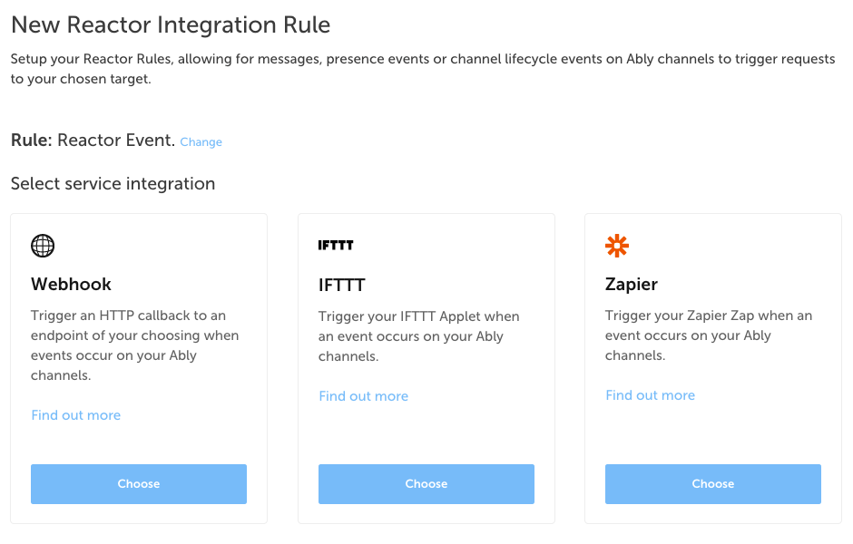 Select the service you want to integrate (Webhook, IFTTT, Zapier) in the Ably integrations dashboard