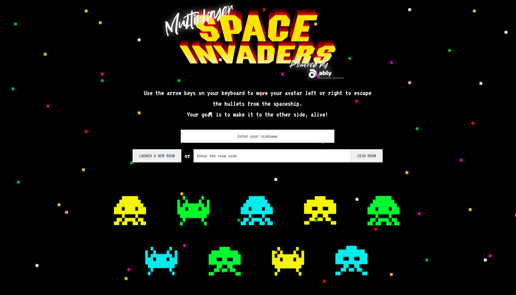 An image of the multiplayer Space Invaders game built over Websockets using Ably