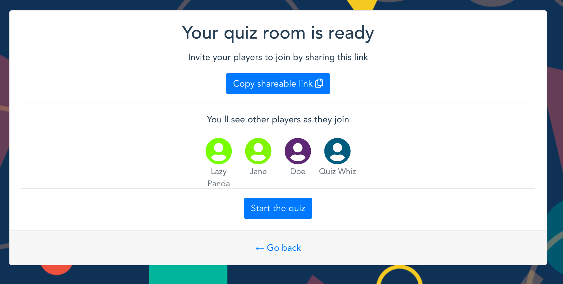 A screenshot of the live quiz application