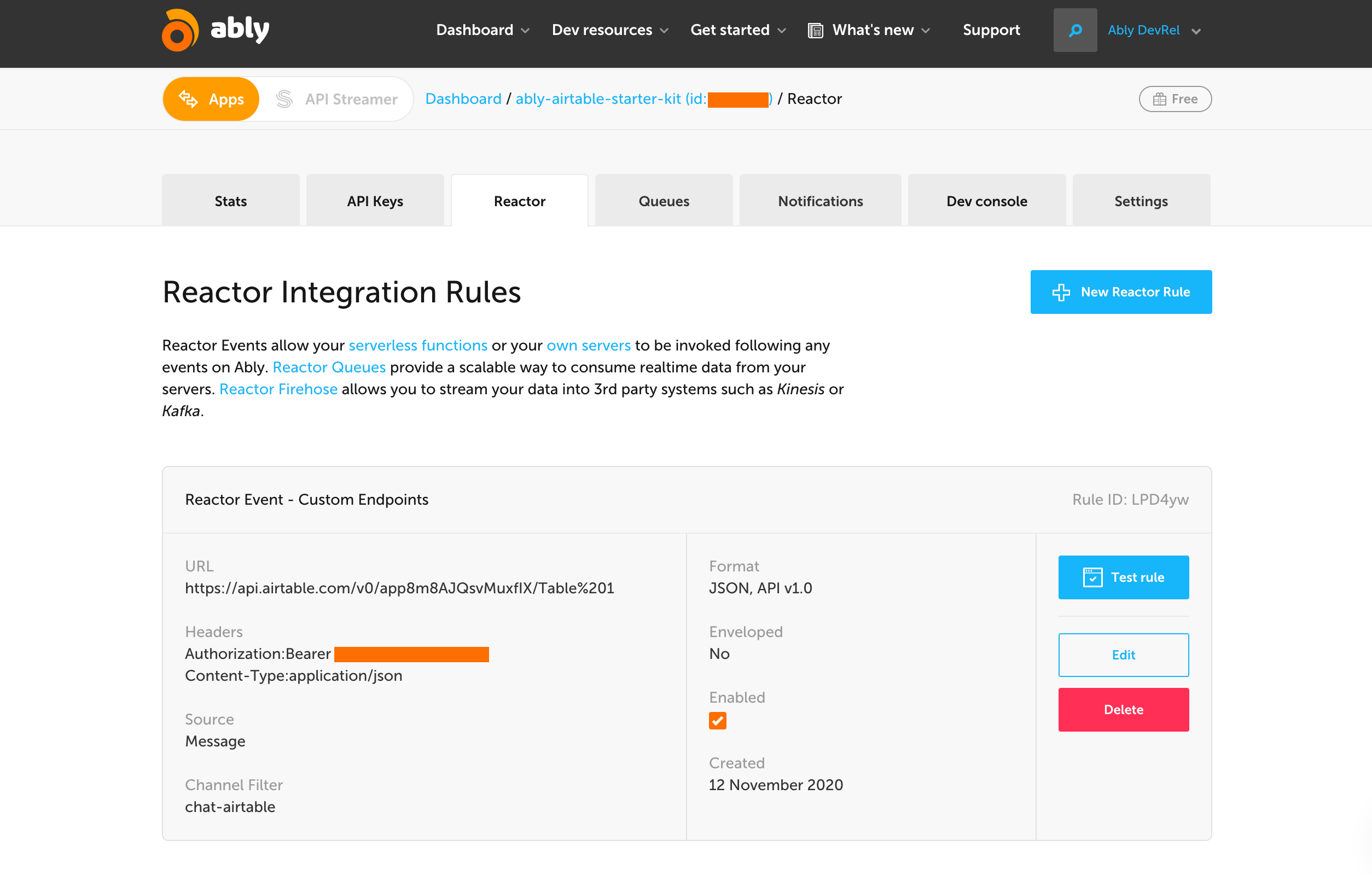 Setting up the Webhook integration with Airtable using Ably's Reactor Integration Rules