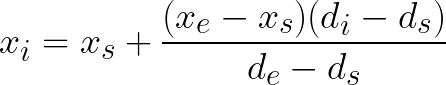 Math notation calculating the current x position of a vehicle based on the position and distance travelled between two adjacent nodes