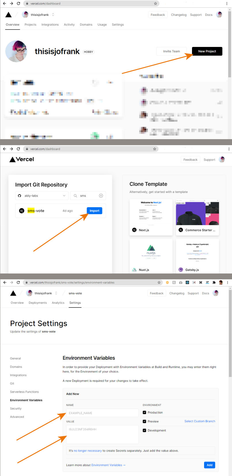 Screenshots of the step by step process of deploying to vercel