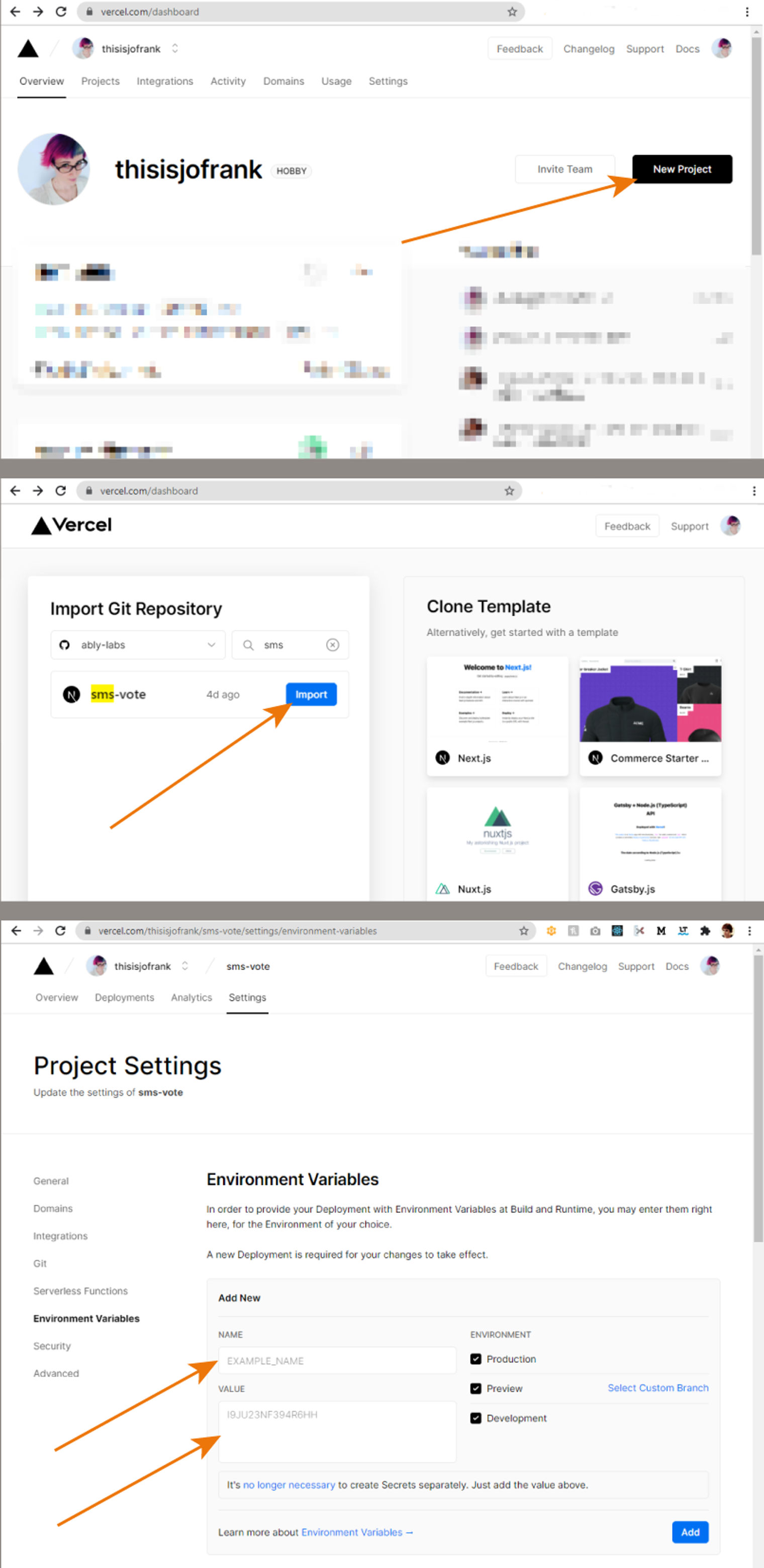 Screenshots of the step by step process of deploying to vercel