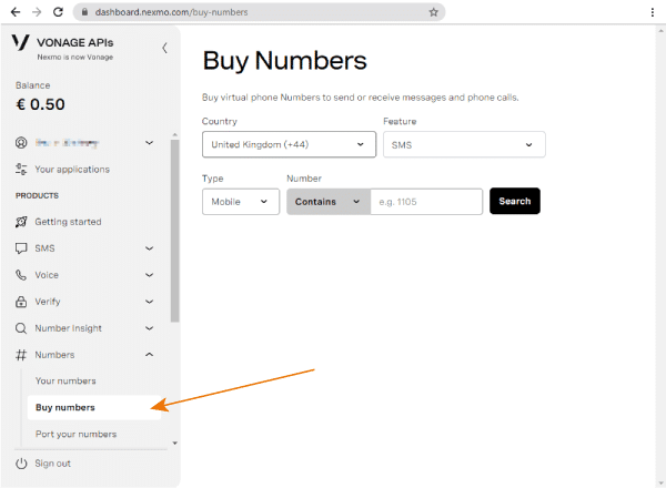 The Vonage dashboard