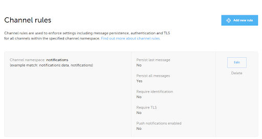 Channel rules view on the Ably dashboard.