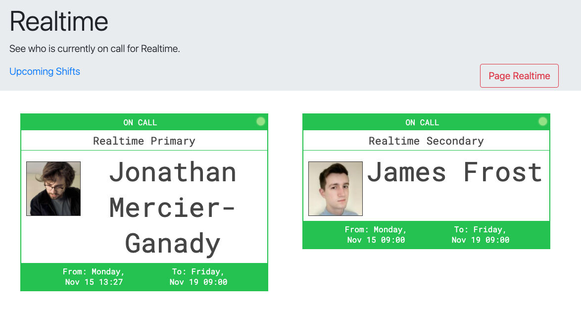 A typical page to show who is assigned a shift in the Ably Realtime team.