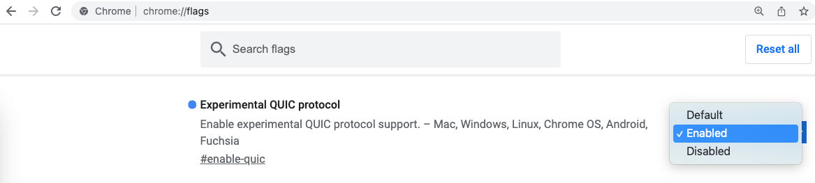 Chrome settings showing QUIC being enabled