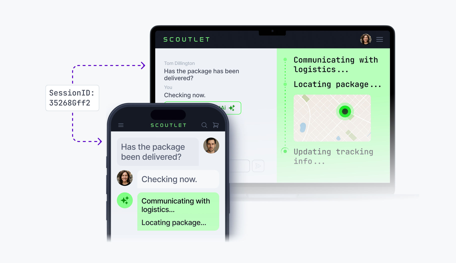 Cross-device AI session continuity diagram: the same session ID (35268Gff2) links an ongoing AI conversation on a laptop and a mobile phone, showing the Scoutlet app tracking a package delivery across devices.