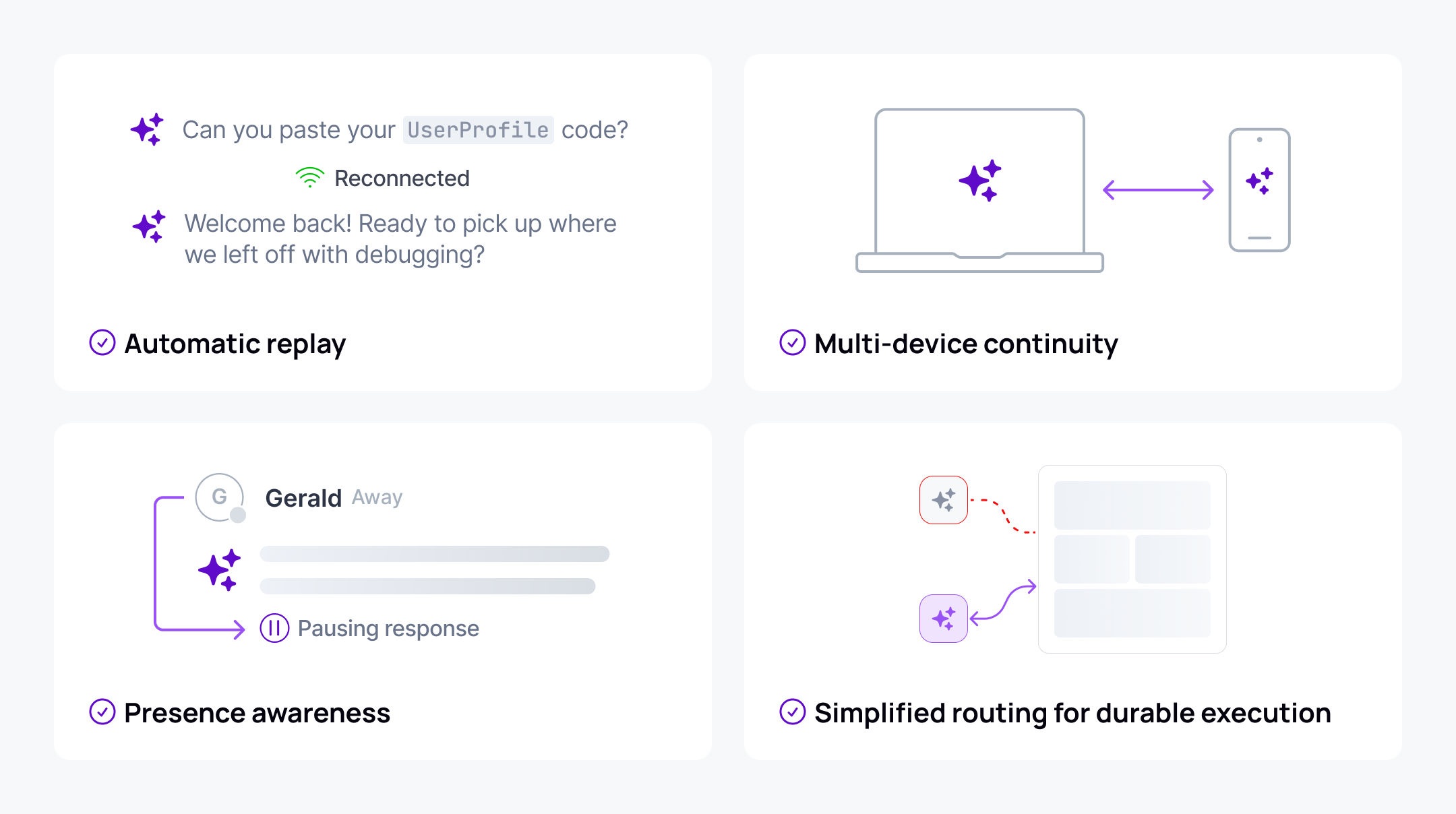 Four AI Transport capabilities: automatic replay, multi-device continuity, presence awareness, and simplified routing for durable execution.