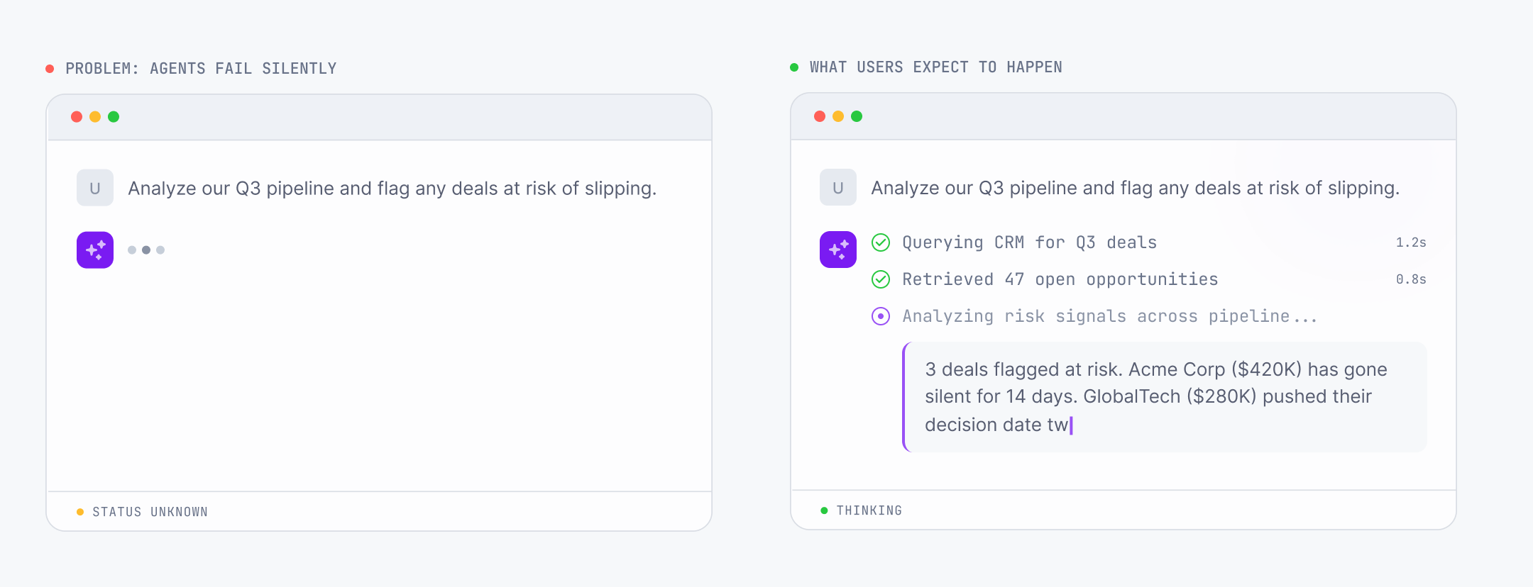 Agent UI showing spinning dots with status unknown versus step-by-step tool call progress and output