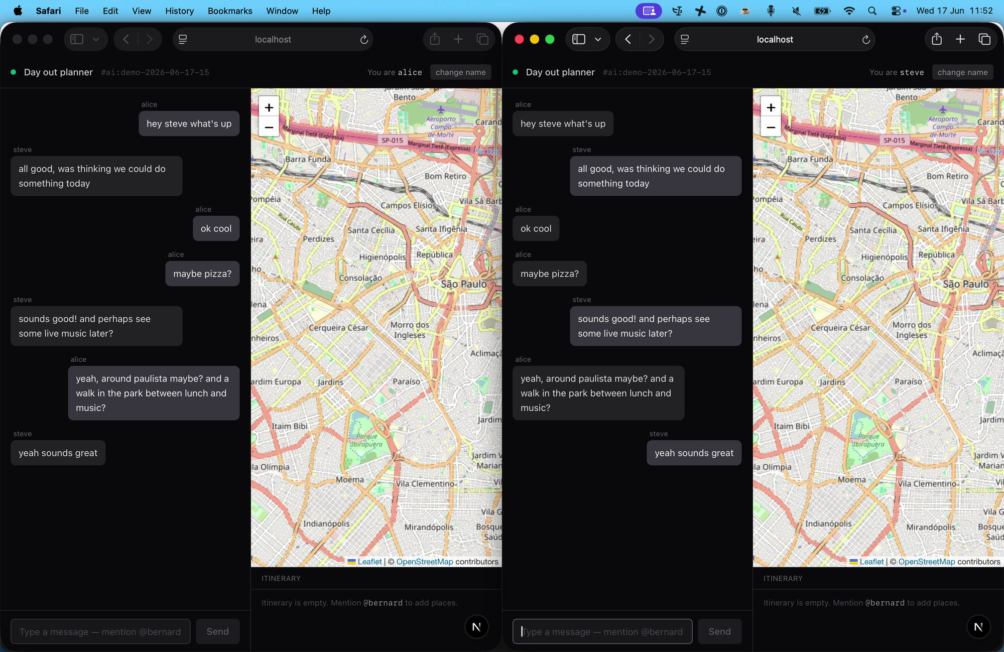 A screenshot of Alice and Steve's plain chat. Alice suggests that they go for pizza; Steve thinks that this sounds great and maybe they could also see some live music afterwards. Alice likes the sound of this, and suggests an area where they could meet and also says they could perhaps have a walk in a park. Steve likes the idea.