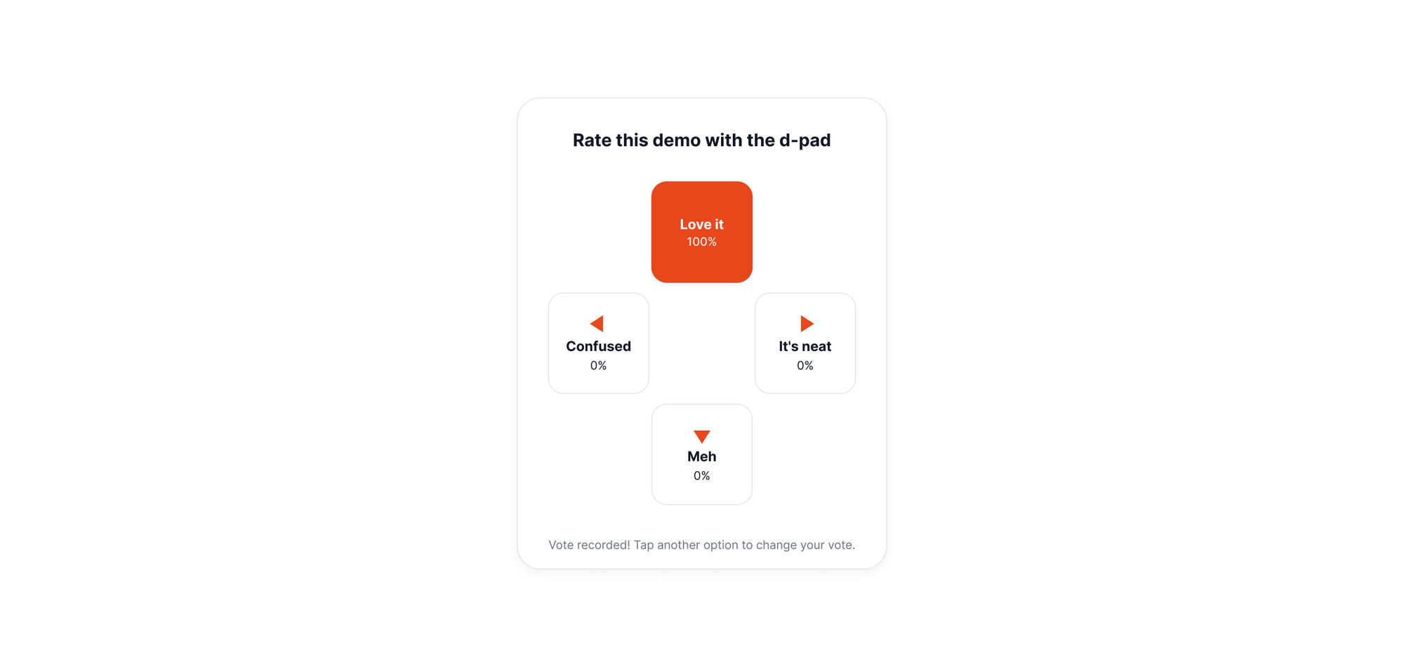 D-pad style rating widget with 'Love it' selected at 100%, confirming the vote was recorded.