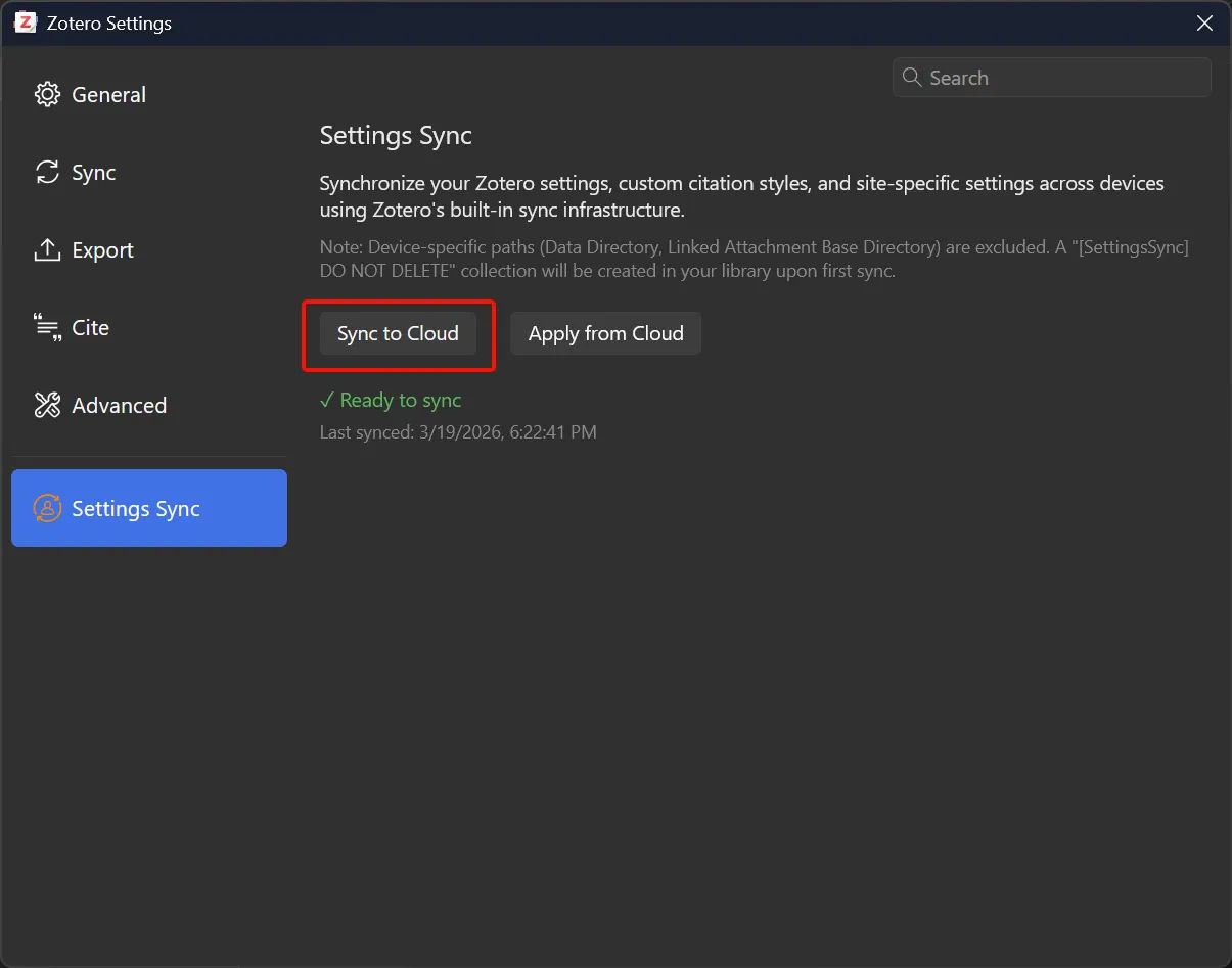 Success notification after clicking Sync to Cloud