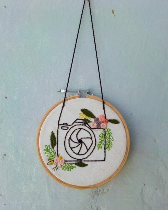 photographer hoop wall hanging. hand crafted, hand embroidered