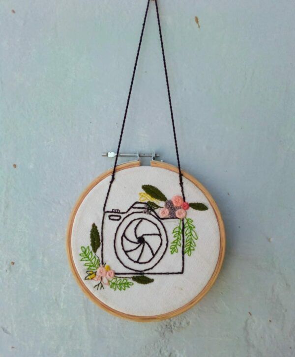 photographer hoop wall hanging. hand crafted, hand embroidered