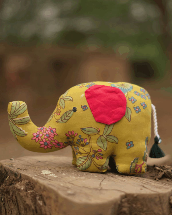 Handcrafted cotton elephant soft toy made by women artisans in Jaipur, eco-friendly and safe for kids.
