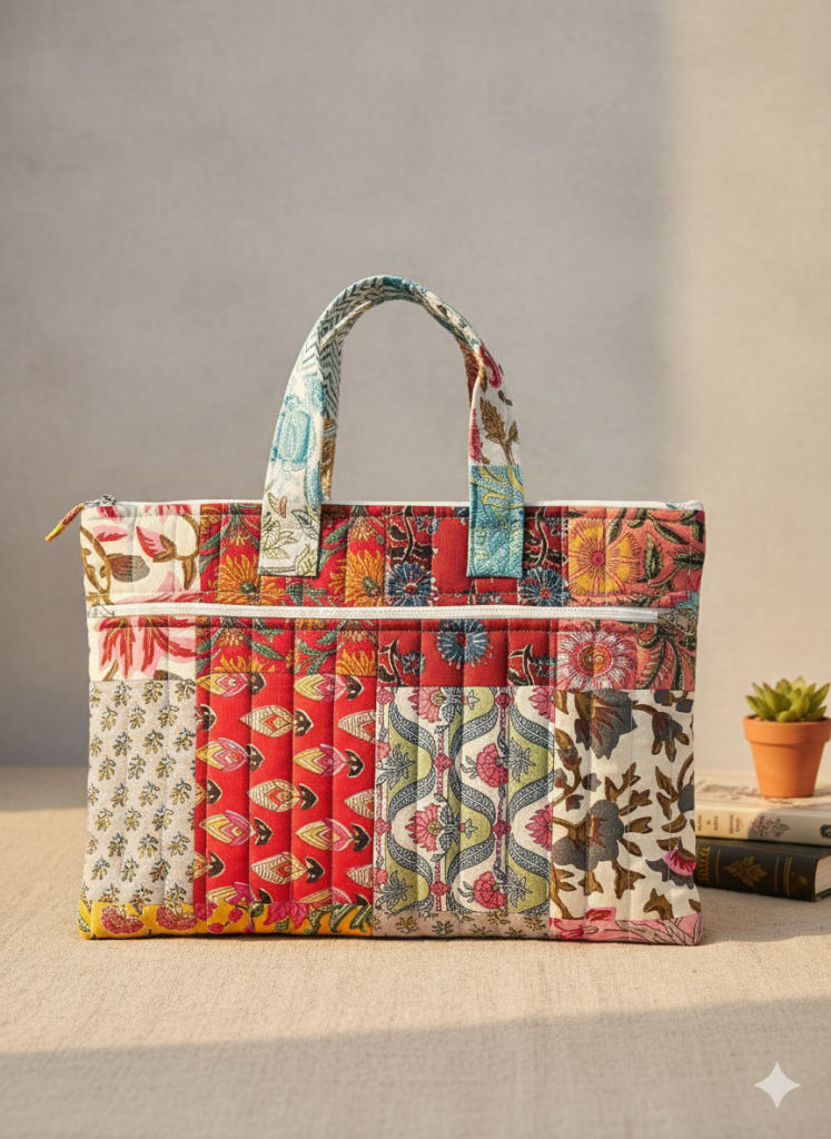 Patchwork textile laptop bag with floral fabric panels and handles