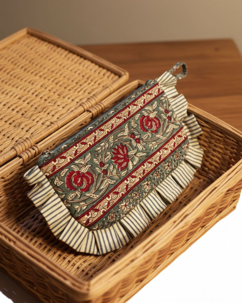Printed cotton zip pouch with striped frill trim resting in a wicker tray