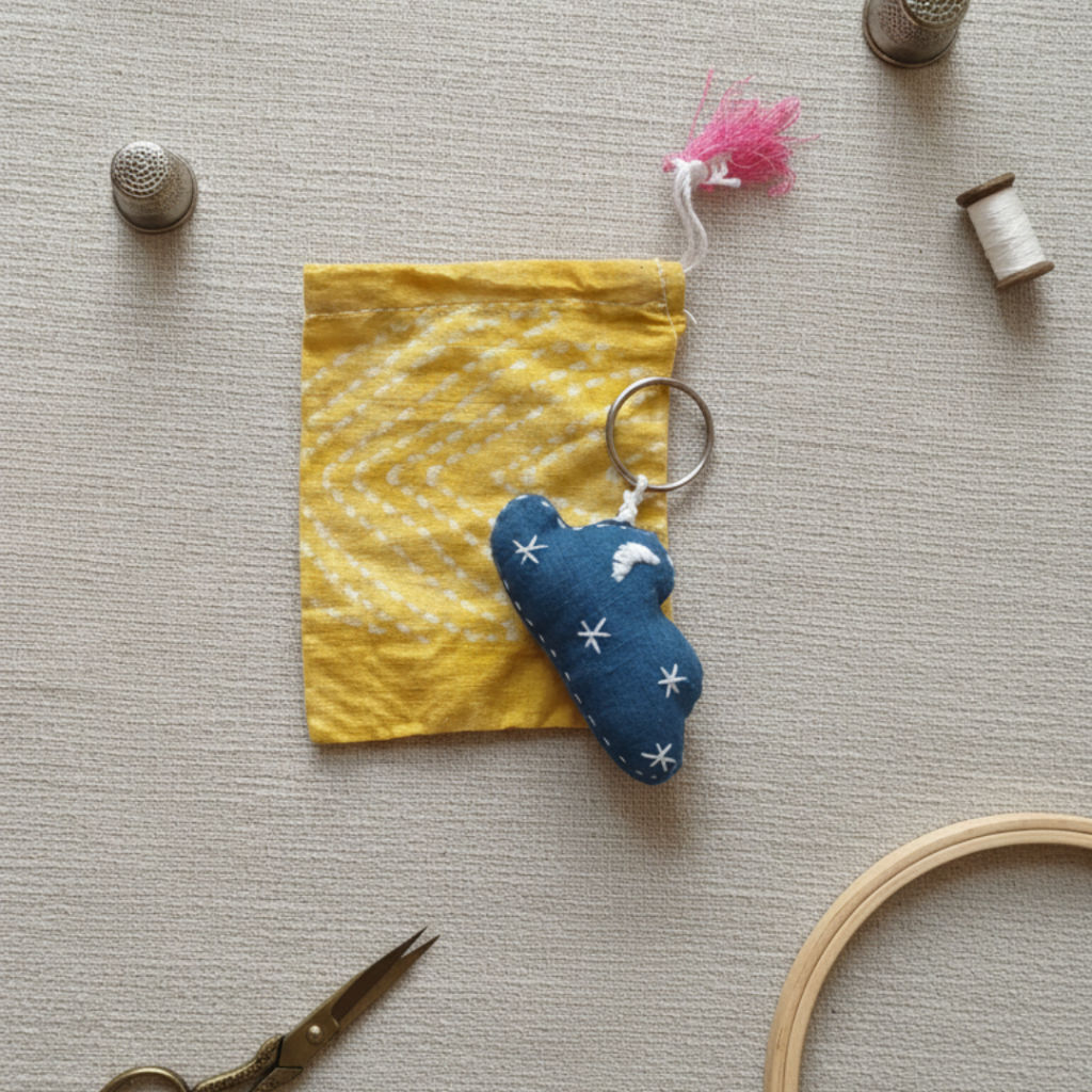 Blue embroidered cloud keychain beside a yellow fabric pouch on a textured surface