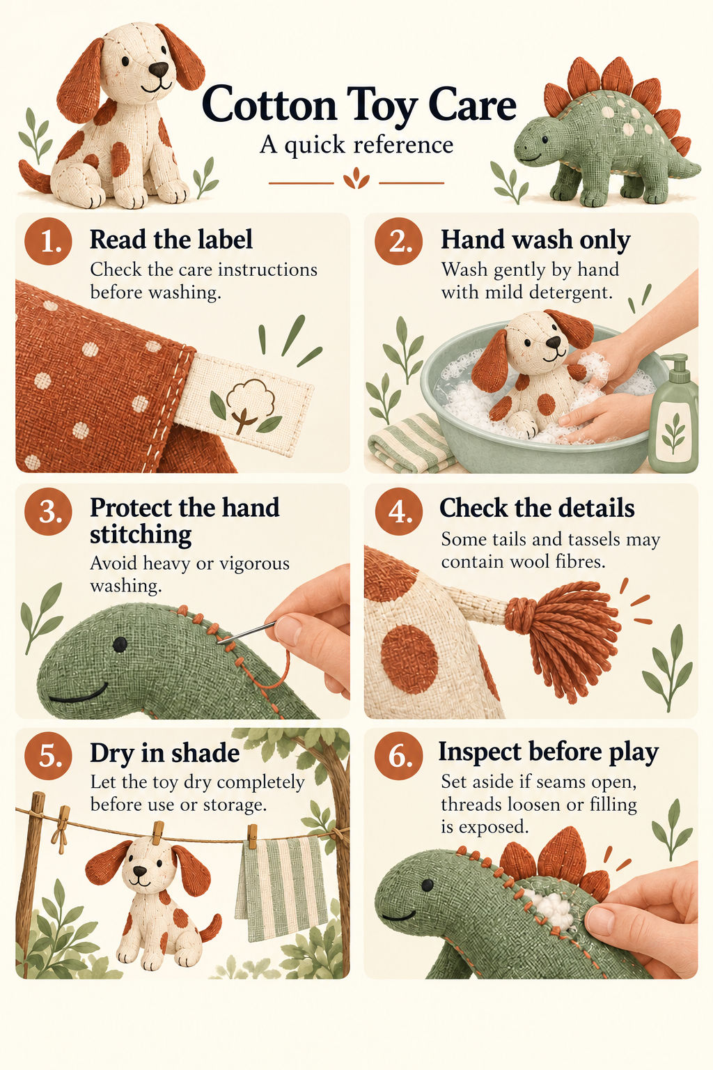 Cotton toy care: read the label, hand wash only with mild detergent, protect hand stitching, check wool details, dry fully in shade and inspect before play.