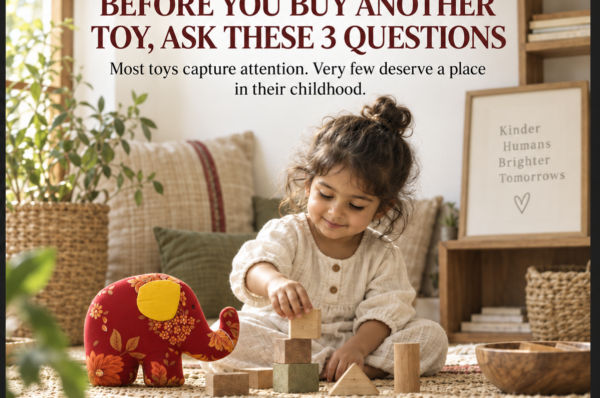 Three questions before buying a toy: does it invite imagination, is it calm, tactile and child-led, and is it thoughtfully made? A child plays beside a red floral Mysa elephant with a yellow ear.