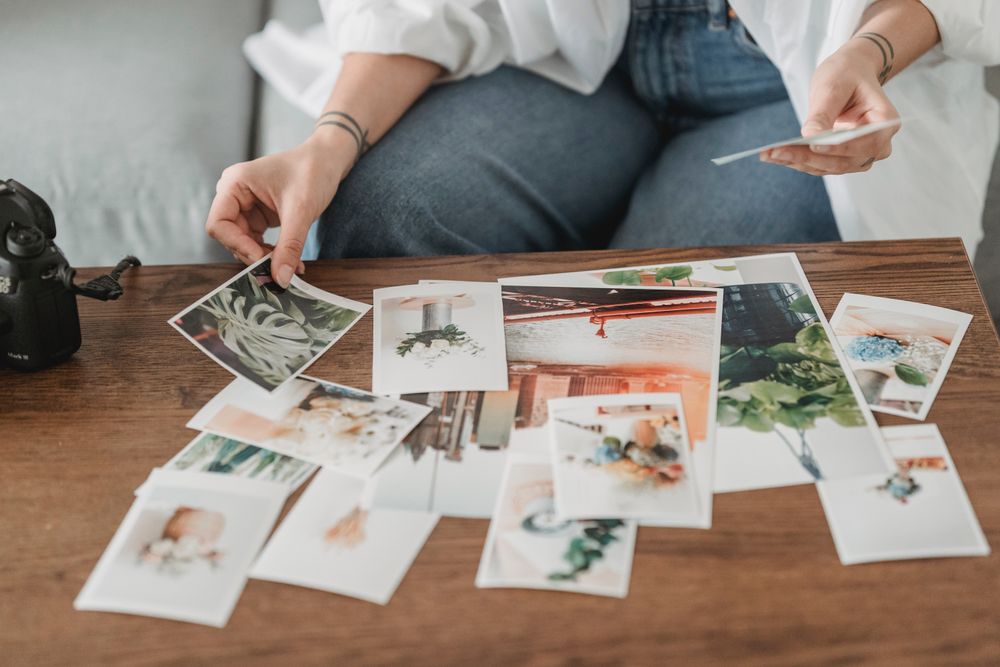 Online photo prints on table