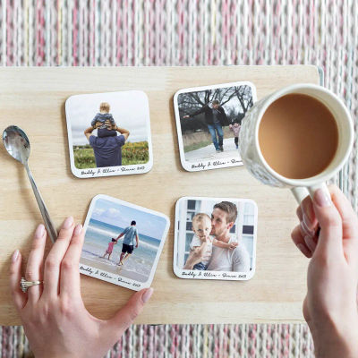 woman holding personalised photo coasters