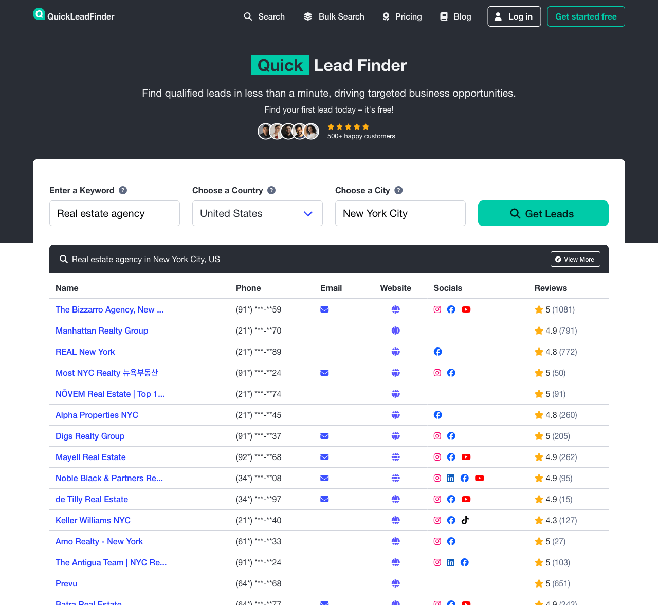 QuickLeadFinder homepage