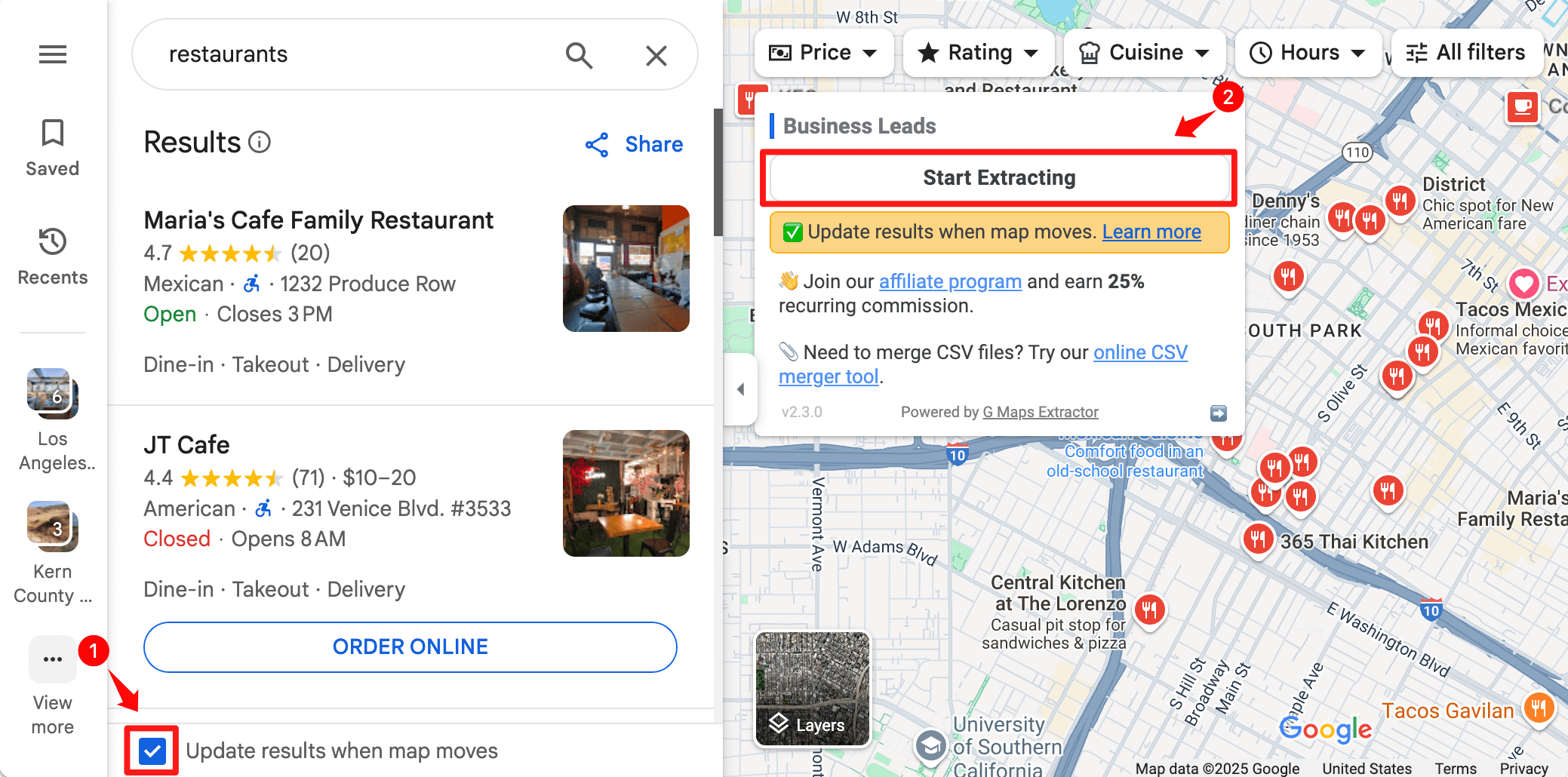 Update results when map moves feature in G Maps Extractor
