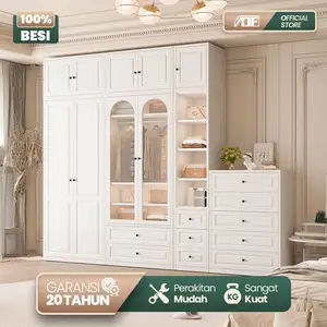 Wardrobe Lemari Besi Pakaian Lemari Pakaian Pintu Kaca Desain Modern Aesthetic Bahan Full Besi Kokoh