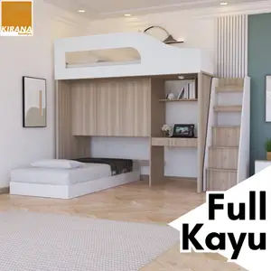 KIRANA Batavia - Set Kamar Tidur Kayu Divan 90 x 200 Tingkat Meja Rak Buku Lemari Pakaian Minimalis
