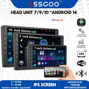 ESSGOO Head Unit Android 14 4GB+64GB  7/9/10 Inch 2Din Wifi GPS Wireless Carplay Bluetooth Universal