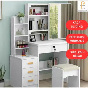 BEST Meja Rias Putih Lampu LED Meja Rias Kaca Sliding Kaca Minimalis FREE Kursi