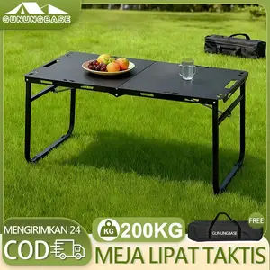 GunungBase Meja Lipat Taktis Outdoor Dengan Batang Penyangga Hidrolik Bahan Baja Karbon Tinggi Lipat Cepat Portabel Ringan Peralatan Camping Serbaguna Beban 200kg