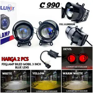 LUNOX C990 - Sepasang Foglamp 3 Inch Blue Lens Plus Devil Breket Biled Foglamp Mobil Toyota Honda