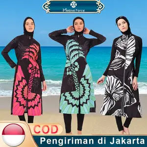 Baju renang muslim wanita motif cetak baju renang lengan panjang anti air burkini muslim set 4 pcs