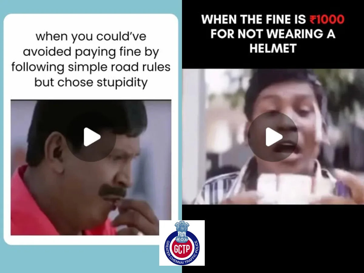 Two Greater Chennai Traffic Police reel stills about road fines and helmet safety.