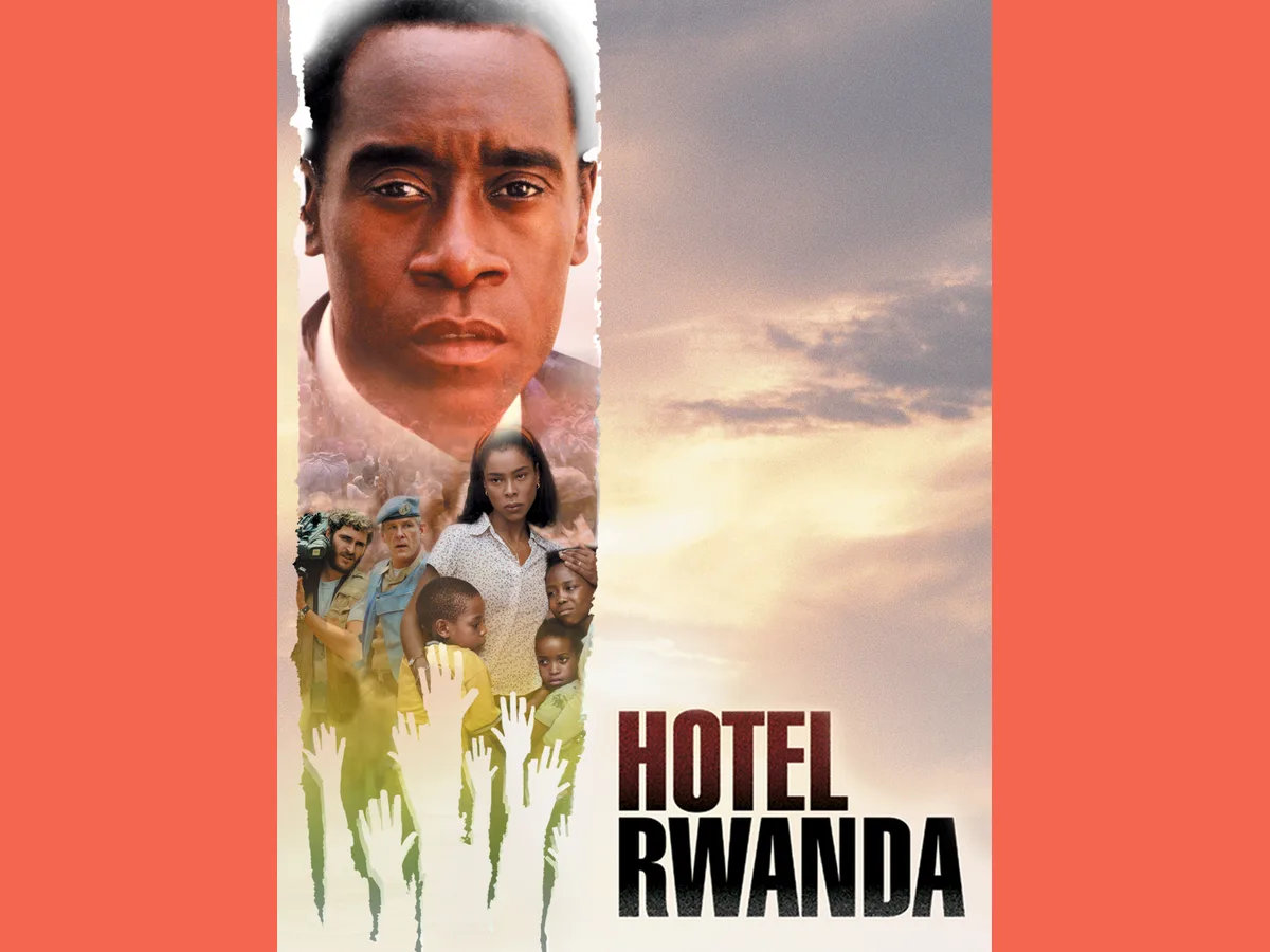 Hotel Rwanda review artwork with the film's central characters against a warm sky.
