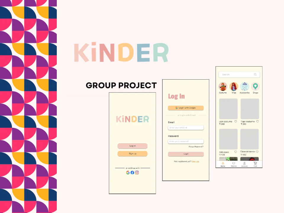 Kinder costume-rental app title, pattern, and three interface mockups.