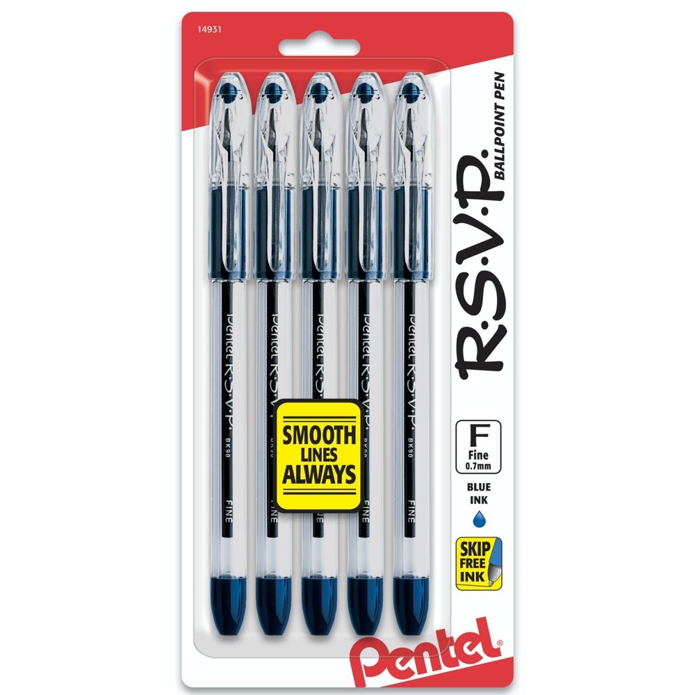Pentel Rsvp Ballpoint Pen, (0.7Mm) Fine Line, Blue Ink 5/Pack