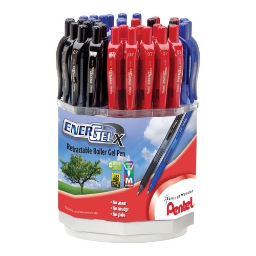 energel-x-retractable-liquid-gel-pen-07mm-metal-tip-medium-line-assorted-ink-colors-spinner-display-36-pieces