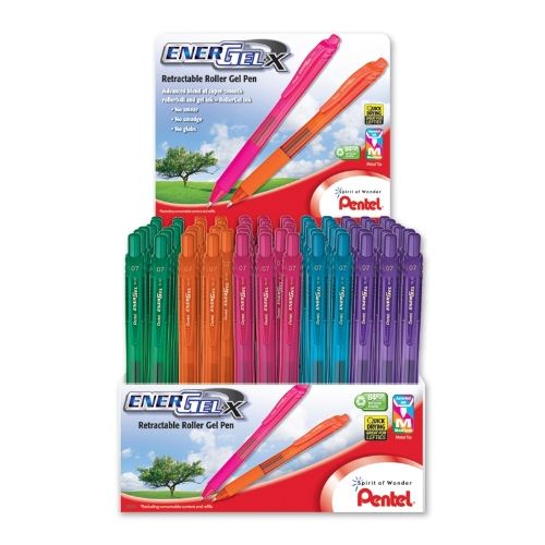 energel-x-retractable-liquid-gel-pen-07mm-metal-tip-medium-line-assorted-ink-open-stock-display-120-pieces