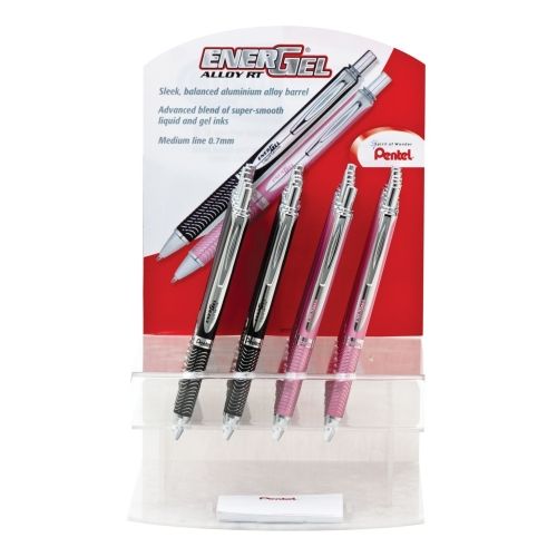 energel-alloy-retractable-premium-liquid-gel-pen-07mm-metal-tip-medium-line-black-pink-barrel-open-stock-display-24-pieces