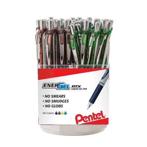 energel-rtx-retractable-liquid-gel-pen-07mm-metal-tip-medium-line-assorted-ink-caeks3-open-stock-spinner-display-48-pieces