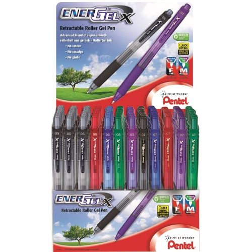 energel-x-retractable-liquid-gel-pen-05mm-needle-tip-07mm-metal-tip-finemed-lines-assorted-ink-colors-open-stock-display-120-pieces