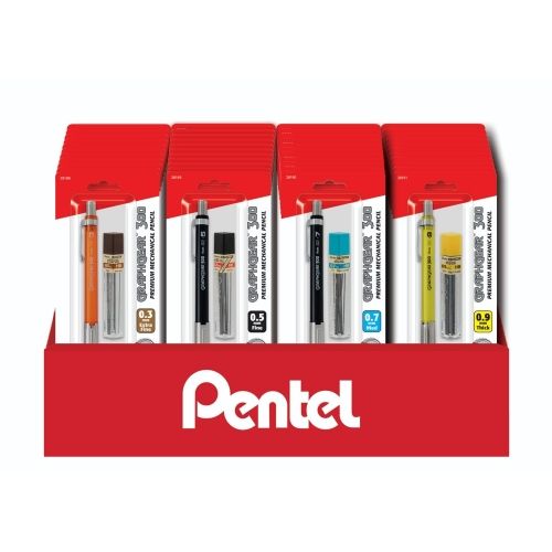 graphgear-300-mechanical-pencil-03050709mm-extra-finefinemediumthick-line-assorted-barrels-with-small-block-eraser-1-refill-lead-tube-12-ea-tube-1-pk-blister-pack-counter-display-48-pieces